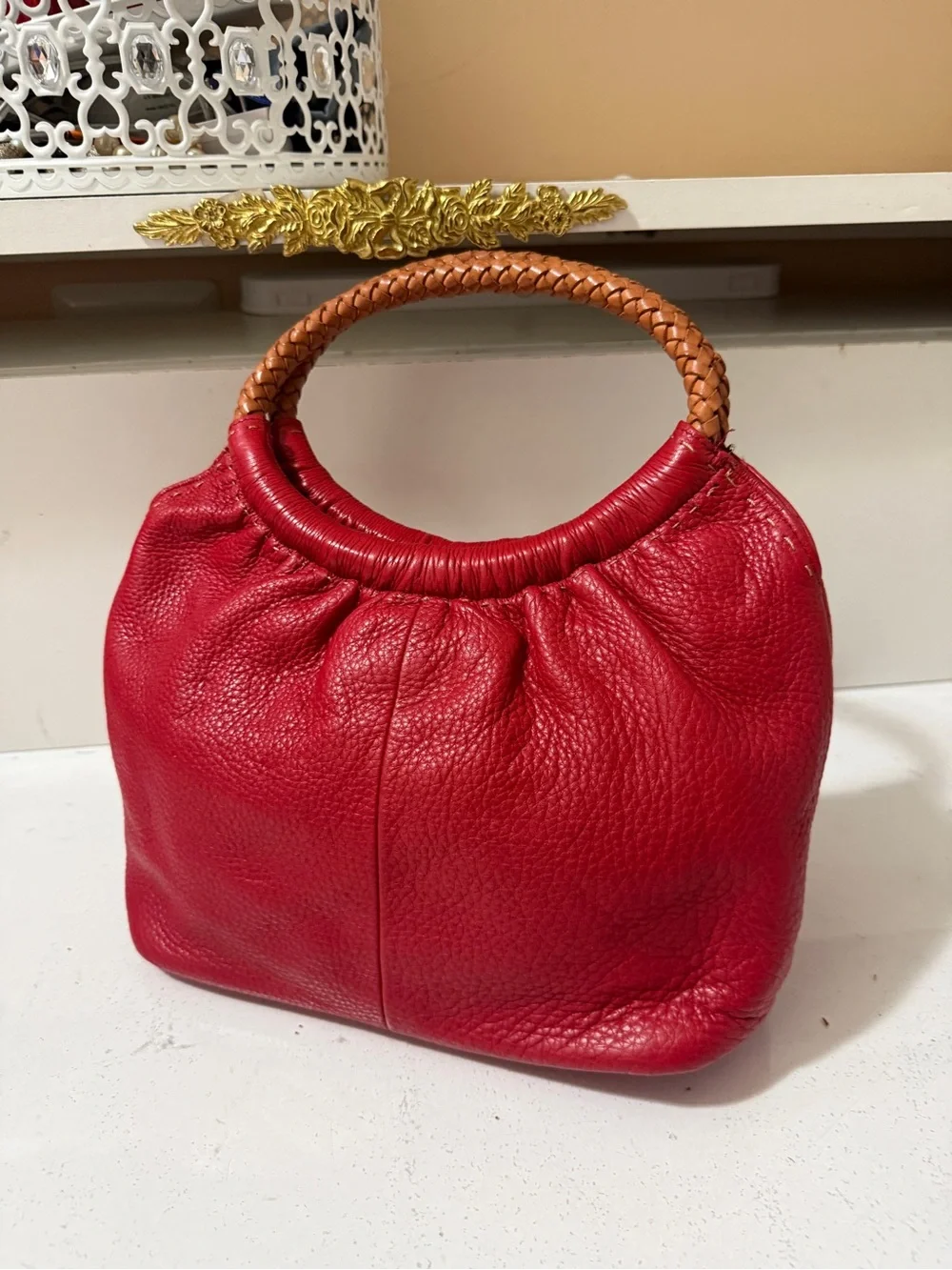 Fossil Red Leather Handbag with Braided Handles